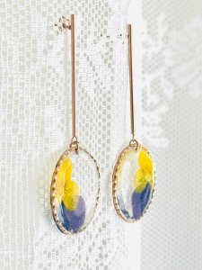 Yellow & Blue Pansy Earrings — Oval Hoop