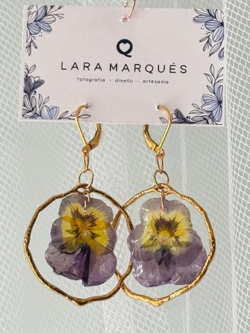 Pendientes Acero Dorado y Pensamientos Bicolor