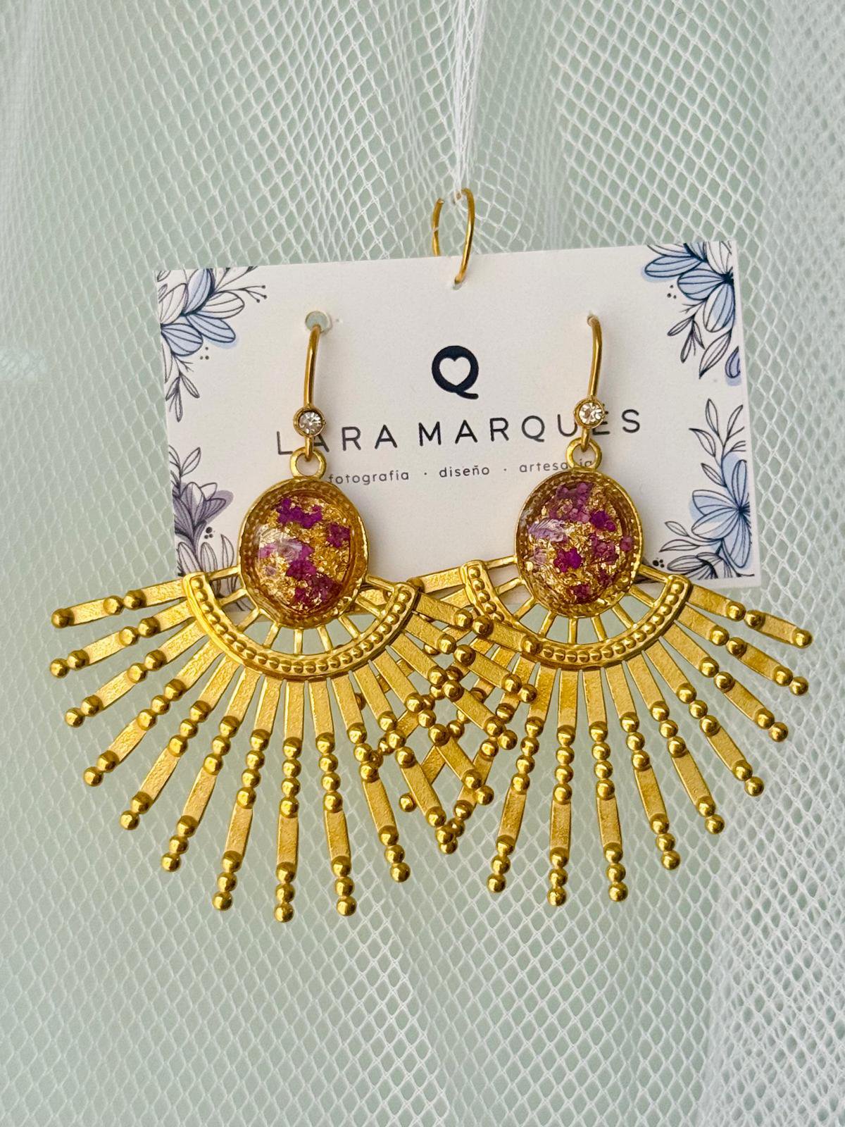 Pendientes Acero Dorado, Pétalos de Violeta y Pan de Oro