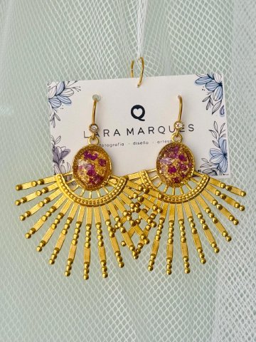 Pendientes Acero Dorado, Pétalos de Violeta y Pan de Oro