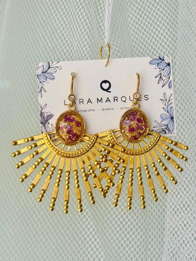 Pendientes Acero Dorado, Pétalos de Violeta y Pan de Oro